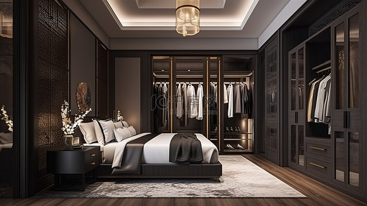 高档酒店套房，配有中国风格的装饰 3D 渲染卧室和步入式衣柜
