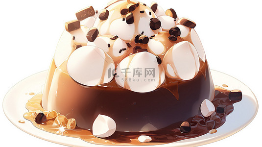卡通风格 3D 渲染 bingsu 刨冰与巧克力顶牛奶隔离在白色