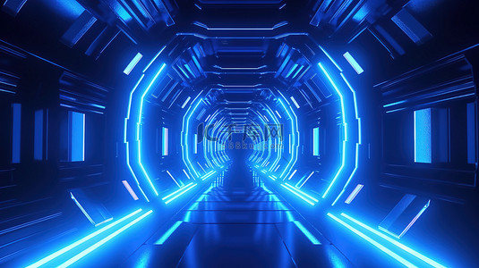 带激光束和蓝光的未来霓虹灯走廊的 3D 插图