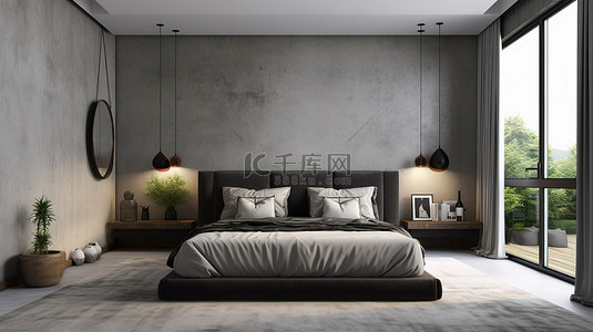 现代卧室中的简约灰色灰泥墙令人惊叹的 3D 渲染