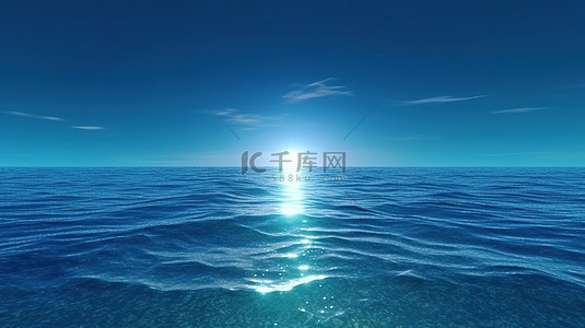 蓝色海景背景图片_3D 渲染明亮的白月落在宁静的蓝色海面上