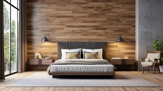 现代卧室配有木格子和砖图案墙壁装饰 3D 渲染