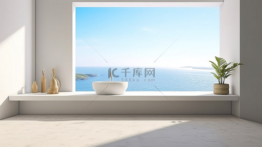 桌台面背景图片_令人惊叹的家居室内 3D 渲染，配有原始的白色台面和令人惊叹的海景