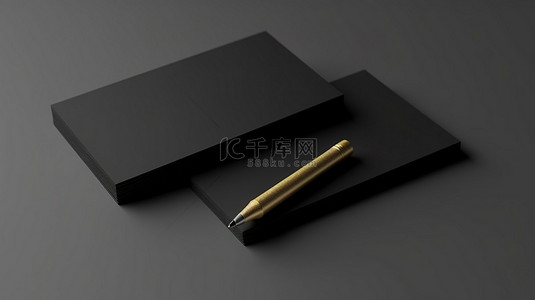 简约的黑色名片和铅笔在平面 3D 渲染上