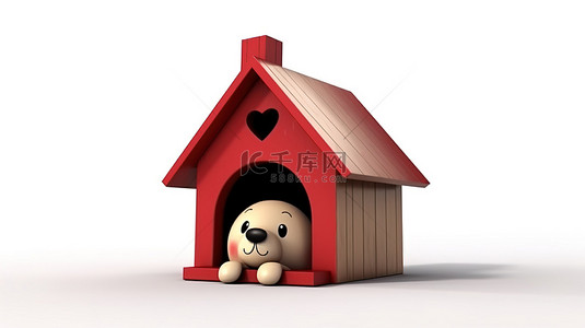 木制卡通狗屋的 3D 渲染，带有红色屋顶和白色背景上的小狗标志