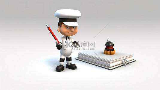 男服务员背景图片_卡通服务员用笔记本和铅笔点餐的 3D 插图