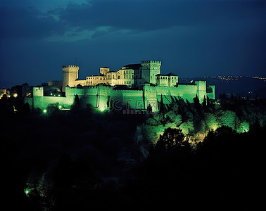 布拉宫背景图片_绿色灯光下的城堡在夜间亮起