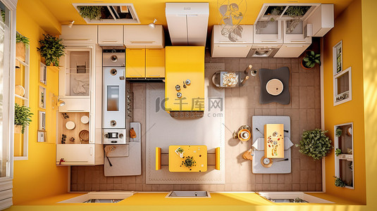 现代家居内饰，具有时尚的黄色厨房头顶 3d 视图和正交投影