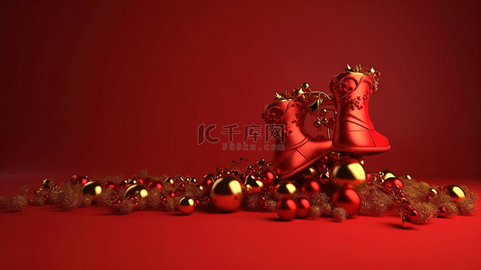 节日圣诞老人袜子，上面有金色的铃铛浆果和树叶，上面装饰着小饰品灯和花环，背景是充满活力的红色，有充足的复制空间