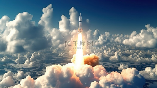 痕迹背景图片_3D 渲染中火箭发射飞过云层的烟雾痕迹