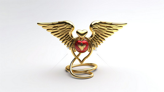 药店导视牌背景图片_白色背景上带有金色符号和红心的医疗杖的 3D 渲染
