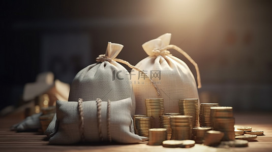 现金兑换券背景图片_带现金袋和堆叠硬币的 3D 货币概念的插图渲染