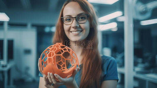 快乐的女设计师，举止积极，拿着 3D 打印的物体，对观众微笑