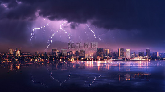 雷电城市背景图片_一座现代城市的 3D 渲染图，其湖泊在雷暴期间被闪电击中