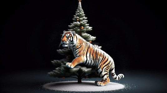 圣诞树上有一只令人印象深刻的 3D 老虎