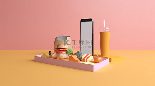带有订单按钮和复制空间的食品配送电话的 3D 渲染，用于卡通风格的在线订购插图