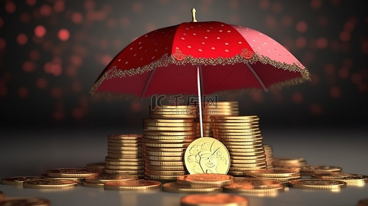 金钱管理背景图片_安全保护在伞下以确保财务安全的硬币的 3D 插图