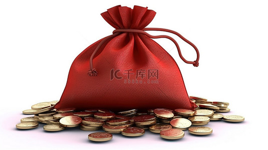 白色背景上现金符号的 3D 渲染，红色钱袋表示财务储蓄