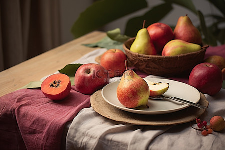 散落的水果背景图片_桌子上散落着各种水果和梨