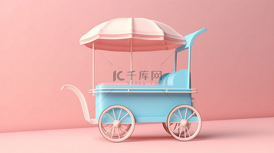 粉红色背景上蓝色复古冰淇淋手推车的双色调 3D 渲染
