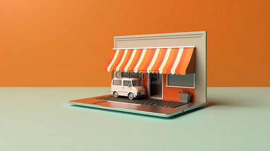 笔记本电脑销售背景图片_带有复制空间的笔记本电脑的 3D 插图描绘了在线商店的想法