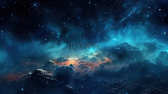 外星空背景背景图片_闪闪发光的夜空和生动的蓝色星系水平背景横幅与银河系和宇宙 3D 插图