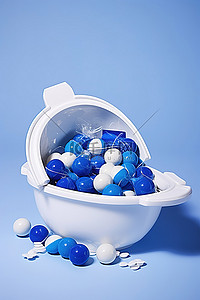 免邮小标签背景图片_一个蓝色的大容器，白色的碗里装有蓝色和白色的玩具