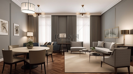 客房背景图片_时尚酒店客房的 3D 设计渲染，配有休息用餐区和设计师家具