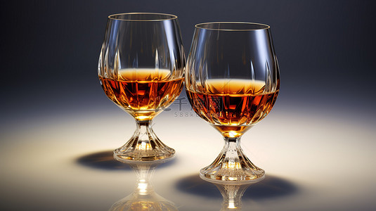 一对用于干邑白兰地和威士忌的玻璃高脚杯的真实 3D 插图