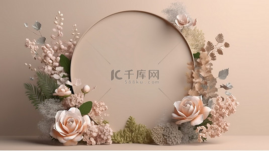 3D 渲染的问候和邀请卡，具有带有植物和花卉的花卉圆形框架