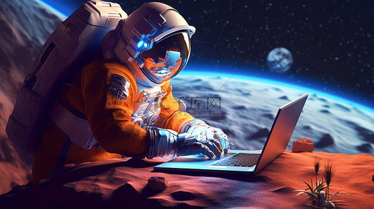 宇航员在外星行星 3d 渲染的太空前哨站的笔记本电脑上进行科学研究