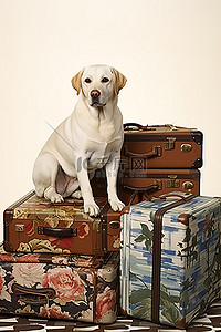 白色拉布拉多狗和行李坐在一些行李旁边