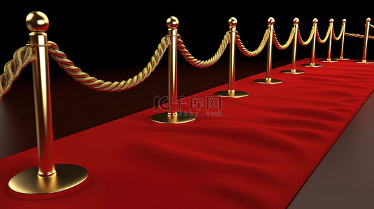 活动贵宾背景图片_金色的障碍物和绳索在 3D 渲染中与令人惊叹的红色活动地毯相得益彰