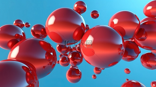 蓝色背景 3d 渲染下宽窄尺寸的充满活力的红色气泡