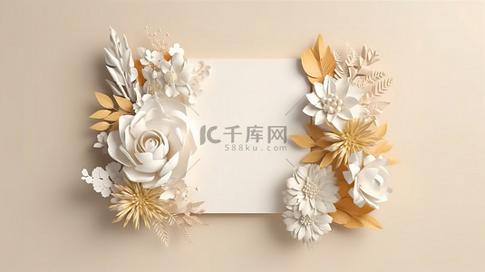 3D 渲染花卉矩形框架，包含各种植物和花卉，用于贺卡和邀请卡