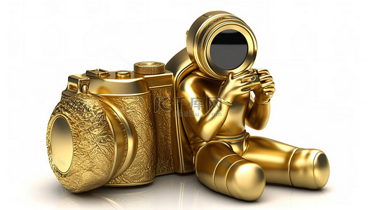 现代数码相机与金色忠诚计划奖金硬币人物吉祥物在白色背景 3D 渲染