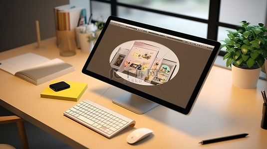 平面設計背景图片_带有屏幕模型的图形输入板的平面式 3D 渲染