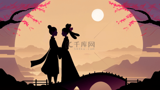 牛郎织女卡通背景图片_七夕卡通人物剪影背景