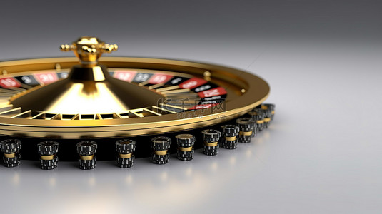 白色设置中的深色轮盘赌轮顶部闪闪发光的金色王冠 3D 插图