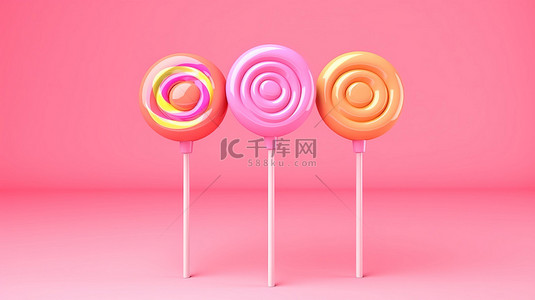 3d棍子背景图片_柔和的粉红色背景，3D 渲染中的棍子上有美味的棒棒糖