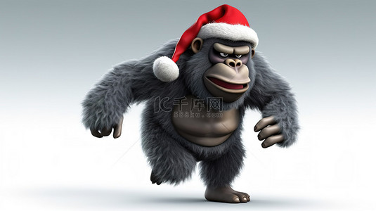 3d 戴着圣诞帽的大猩猩欢闹奔跑