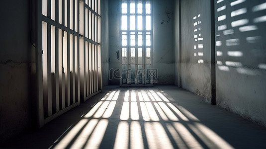 监狱中一扇铁栅栏窗户的 3D 渲染图像，带有照明光影游戏