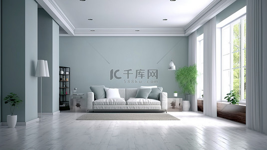 3d渲染白色床背景图片_3D 渲染的客厅内部配有令人惊叹的地板