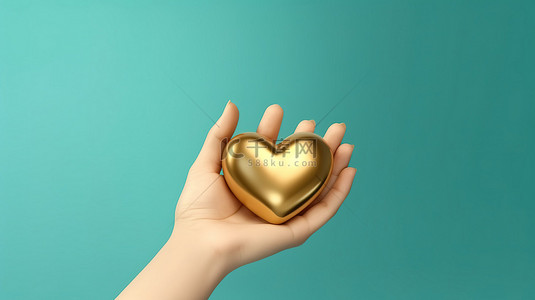 福尔图纳金手握着心脏符号，带有潮水绿色背景 3D 渲染的社交媒体图标