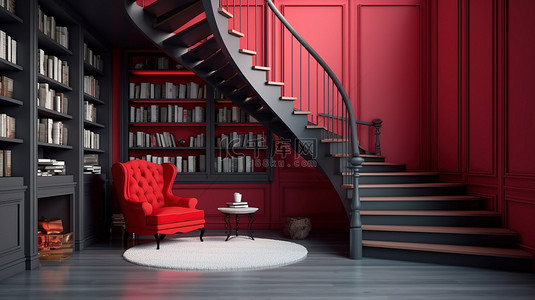 家庭书架背景图片_楼梯下舒适的英式红色扶手椅图书馆以 3D 渲染
