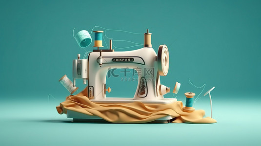 裁缝背景图片_带有缝纫机和充足复制空间的时装设计师概念的 3D 浮动插图