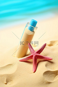 一瓶蜡笔，沙滩上有海星
