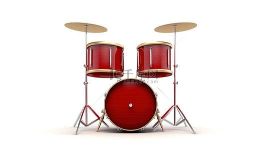 3D 渲染白色空间中的猩红色军鼓和鼓槌