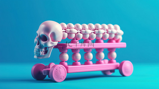 蓝色背景与粉红色算盘儿童玩具双色调风格描绘大脑发育 3D 渲染
