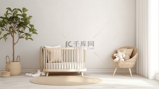 简约的床背景图片_简约的斯堪的纳维亚托儿所，配有木制婴儿床和白墙内部模型 3D 渲染